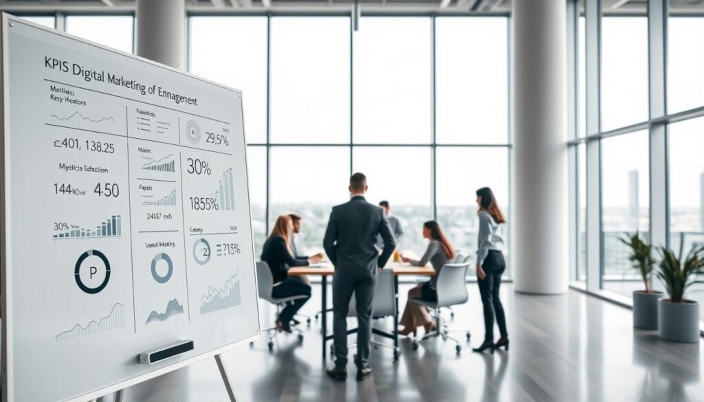 A modern, minimalist office interior with a large whiteboard in the foreground, displaying various metrics and KPIs related to digital marketing conversion and engagement. In the middle ground, a team of professionals collaborating around a conference table, discussing the data and insights. The background features sleek, floor-to-ceiling windows, allowing natural light to flood the space and create a sense of openness and clarity. The lighting is soft and diffused, creating a professional and focused atmosphere. The camera angle is slightly elevated, giving a panoramic view of the scene and emphasizing the collaborative nature of the work. A modern, minimalist office interior with a large whiteboard in the foreground, displaying various metrics and KPIs related to digital marketing conversion and engagement. In the middle ground, a team of professionals collaborating around a conference table, discussing the data and insights. The background features sleek, floor-to-ceiling windows, allowing natural light to flood the space and create a sense of openness and clarity. The lighting is soft and diffused, creating a professional and focused atmosphere. The camera angle is slightly elevated, giving a panoramic view of the scene and emphasizing the collaborative nature of the work.