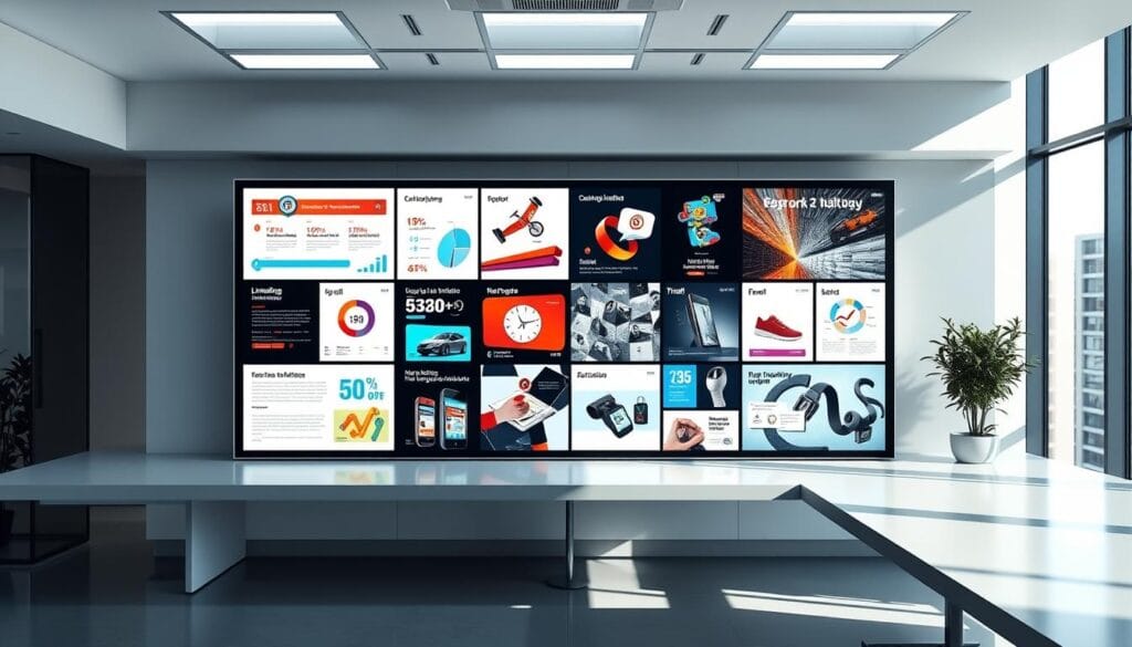 A modern, minimalist office setting with a large, sleek display screen showcasing a variety of innovative digital advertising formats. The screen presents a mix of dynamic infographic visualizations, animated banners, and interactive product showcases, all surrounded by a clean, well-lit workspace. The lighting is bright and directional, casting subtle shadows that add depth and dimensionality to the scene. The overall mood is one of technological sophistication and forward-thinking marketing strategies, capturing the essence of "Formats publicitaires innovants" for the article's section on LinkedIn and Facebook campaign comparisons.