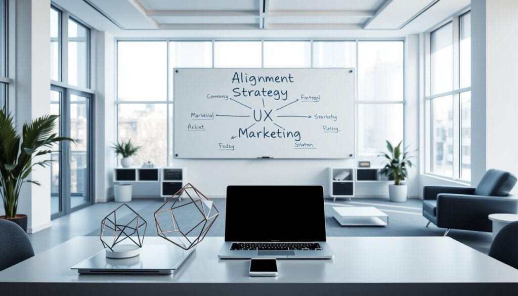 A modern, minimalist office setting with clean lines and an open layout. In the foreground, a sleek desk with a laptop, smartphone, and a geometric sculpture, symbolizing the integration of UX and marketing strategy. The middle ground features a large whiteboard displaying a mind map or workflow diagram, with the words "Alignment", "Strategy", "UX", and "Marketing" prominently displayed. The background showcases floor-to-ceiling windows, allowing natural light to flood the space and create a sense of openness and collaboration. The overall atmosphere is one of thoughtfulness, organization, and a focus on the user experience as a core element of the marketing strategy.