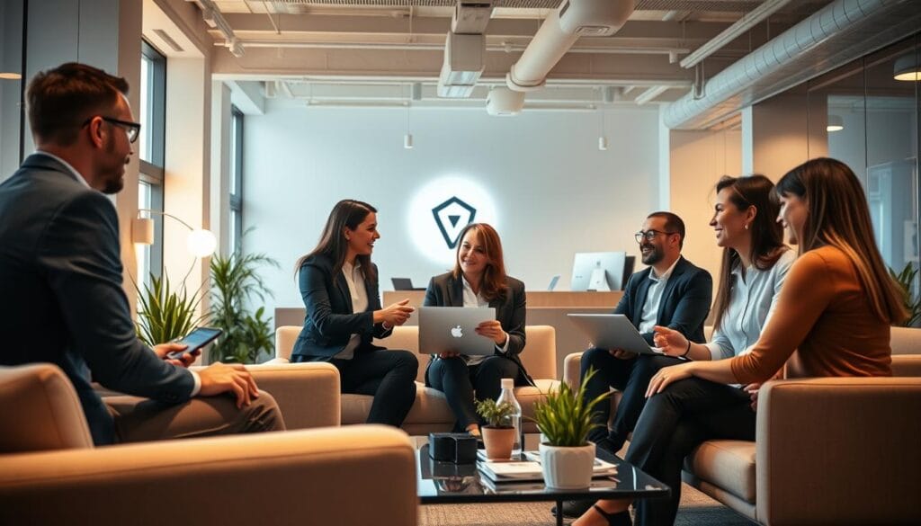 A professional, confident team working together in a bright, airy office space. Employees engaged in discussion, brainstorming ideas, and collaborating on projects that elevate the company's reputation. Warm lighting casts a positive glow, while sleek, modern furniture and decor convey a sense of sophistication and innovation. In the background, the company's logo is prominently displayed, subtly reinforcing the strong brand identity. The overall atmosphere radiates a strong, positive corporate culture that inspires both employees and customers.