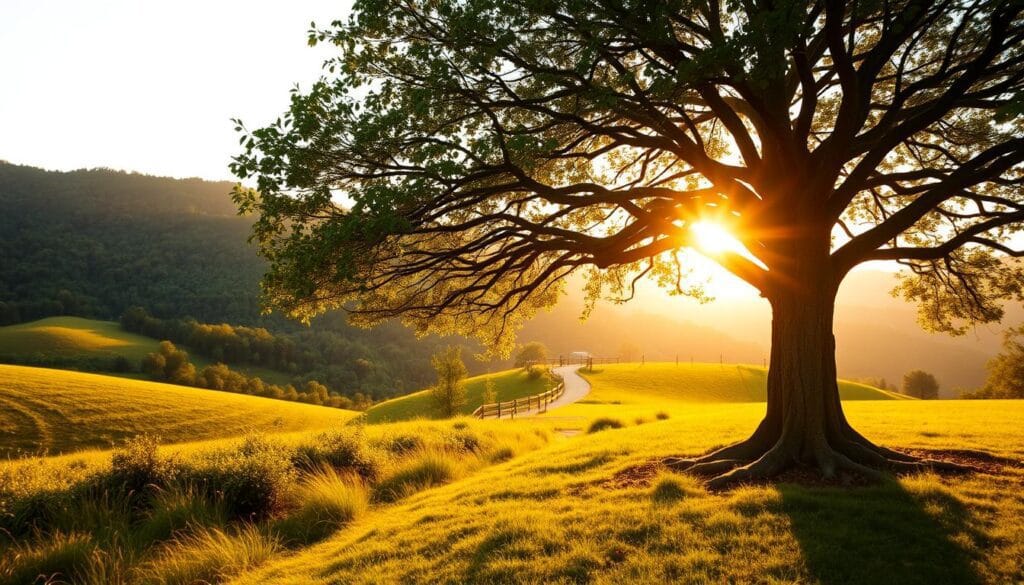 A serene, natural landscape with rolling hills and lush foliage in the background. In the foreground, a majestic tree with deep roots and a sprawling canopy, symbolizing the strength and longevity of organic search engine optimization. Warm, golden sunlight filters through the leaves, casting a soft, inviting glow over the scene. In the middle ground, a path winds through the landscape, representing the journey of successful natural SEO. The overall mood is one of balance, growth, and the power of patient, sustainable digital marketing strategies.
