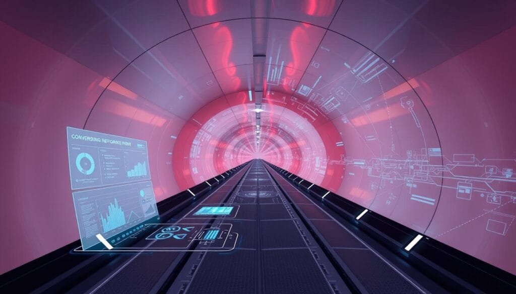 A sleek, futuristic conversion tunnel, its walls illuminated by a soft, ambient glow. The tunnel is divided into distinct sections, each representing a stage of the optimization process. In the foreground, a holographic interface displays real-time metrics and performance data, guiding the user through the conversion journey. The middle ground features various interactive elements, such as adjustable controls and visualization tools, allowing for precise fine-tuning. In the background, a network of interconnected pathways and data streams converge, symbolizing the complex algorithms powering the optimization. The overall atmosphere is one of efficiency, precision, and a sense of forward momentum, capturing the essence of the "Tunnel de conversion : stratégies et optimisation" section.