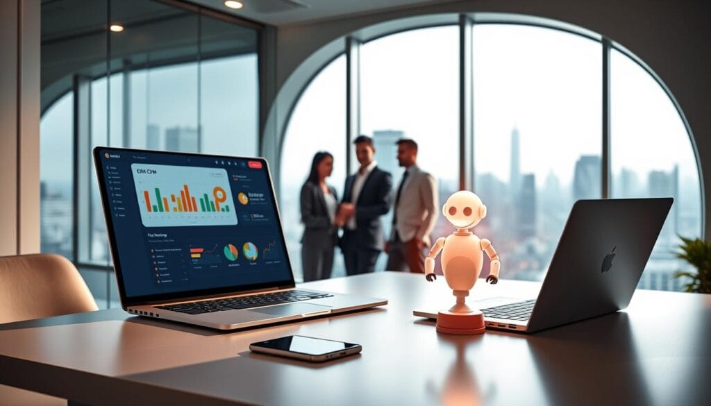 A sleek, modern office setting with a large, curved glass window overlooking a vibrant cityscape. In the foreground, a minimalist desk with a laptop, smartphone, and a stylized CRM dashboard displayed on the screen. On the desk, a chatbot icon emanates a soft, warm glow, seamlessly integrating with the CRM interface. The middle ground features a team of professionals collaborating, their expressions focused and engaged. Soft, directional lighting illuminates the scene, creating a sense of professionalism and productivity. The background showcases the bustling city outside, hinting at the broader context of the marketing automation solution. The overall atmosphere conveys efficiency, technology, and a customer-centric approach. A sleek, modern office setting with a large, curved glass window overlooking a vibrant cityscape. In the foreground, a minimalist desk with a laptop, smartphone, and a stylized CRM dashboard displayed on the screen. On the desk, a chatbot icon emanates a soft, warm glow, seamlessly integrating with the CRM interface. The middle ground features a team of professionals collaborating, their expressions focused and engaged. Soft, directional lighting illuminates the scene, creating a sense of professionalism and productivity. The background showcases the bustling city outside, hinting at the broader context of the marketing automation solution. The overall atmosphere conveys efficiency, technology, and a customer-centric approach.