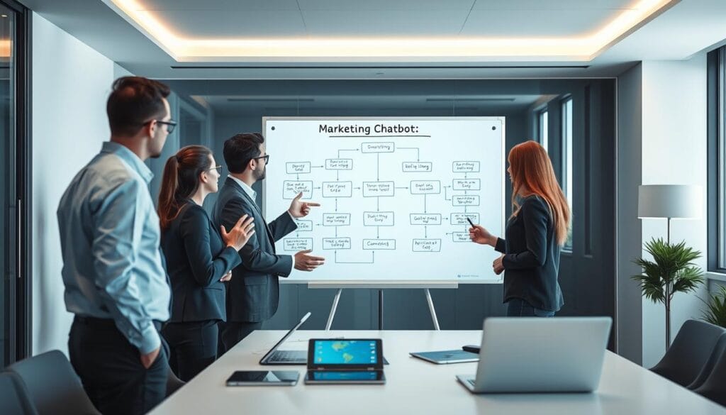 A sleek, modern office space with a large whiteboard displaying a flowchart showcasing the marketing chatbot process. In the foreground, a group of professionals in business attire engaged in a collaborative discussion, gesturing towards the whiteboard. The middle ground features various digital devices, including tablets and laptops, symbolizing the technological integration of the chatbot system. The background is softly lit, creating a focused and professional atmosphere, emphasizing the importance of the chatbot marketing workflow. A sleek, modern office space with a large whiteboard displaying a flowchart showcasing the marketing chatbot process. In the foreground, a group of professionals in business attire engaged in a collaborative discussion, gesturing towards the whiteboard. The middle ground features various digital devices, including tablets and laptops, symbolizing the technological integration of the chatbot system. The background is softly lit, creating a focused and professional atmosphere, emphasizing the importance of the chatbot marketing workflow.