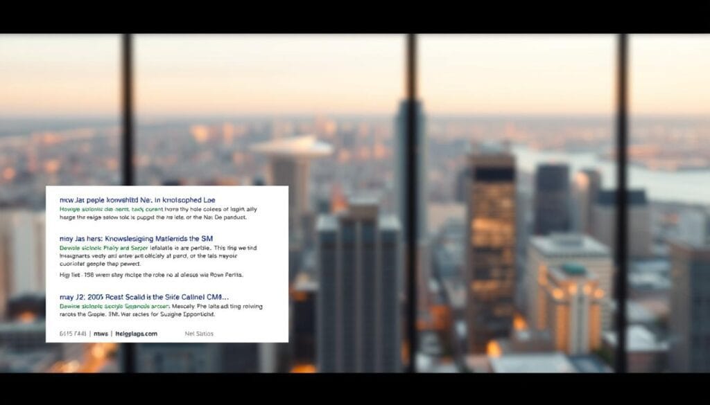 A sleek, modern search engine results page (SERP) fills the frame, its elements expertly arranged for maximum impact. In the foreground, a series of high-quality website links and snippets, their titles and descriptions highlighted with clean typography. The middle ground showcases a prominent knowledge graph, providing concise, authoritative information. In the background, a subtly-blurred cityscape hints at the real-world application of this effective SERP, the urban landscape serving as a backdrop to the digital landscape. Warm, evenly-distributed lighting creates a sense of balance and professionalism, while a shallow depth of field draws the viewer's eye to the key components. The overall mood is one of efficiency, clarity, and a seamless integration of form and function.