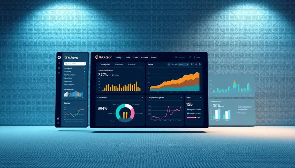 A sleek, modern user interface for HubSpot's marketing automation platform. In the foreground, a clean, minimalist dashboard displays a variety of data visualizations and performance metrics. The middle ground features intuitive navigation menus and customizable widgets. In the background, a subtle grid pattern and cool-toned color scheme create a professional, high-tech ambiance. Soft, directional lighting casts a subtle glow, highlighting the seamless interplay of form and function. The overall impression is one of a powerful, yet user-friendly marketing tool designed to optimize workflow and drive results.