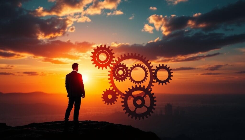 A sophisticated strategy visualized through a vibrant and dynamic composition. In the foreground, a central figure representing a unique value proposition stands tall, their silhouette casting a strong shadow that extends into the background. The middle ground features interlocking gears and cogs, symbolizing the intricate mechanisms of a differentiated commercial strategy. In the distant background, a cityscape or industrial landscape provides a sense of scale and complexity. The lighting is dramatic, with bold contrasts between light and shadow, creating a sense of depth and dimensionality. The overall tone is one of confidence, innovation, and strategic prowess.