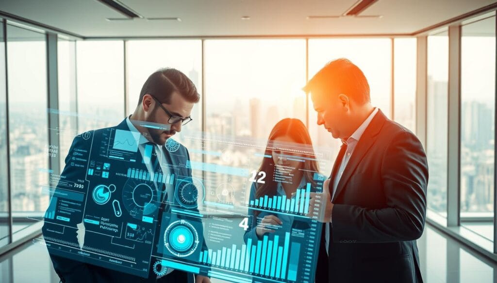 A strategic data-driven business decision-making scene. In the foreground, a team of executives poring over a large holographic display of complex analytics and market data. Soft, focused lighting illuminates their faces, conveying a sense of thoughtful concentration. In the middle ground, a sleek, minimalist office interior with clean lines and muted tones. Floor-to-ceiling windows offer a panoramic view of a vibrant city skyline in the background, symbolizing the broader business landscape. An atmosphere of confidence, authority, and strategic foresight permeates the image, reflecting the advantages of an enterprise guided by data-driven decision-making. A strategic data-driven business decision-making scene. In the foreground, a team of executives poring over a large holographic display of complex analytics and market data. Soft, focused lighting illuminates their faces, conveying a sense of thoughtful concentration. In the middle ground, a sleek, minimalist office interior with clean lines and muted tones. Floor-to-ceiling windows offer a panoramic view of a vibrant city skyline in the background, symbolizing the broader business landscape. An atmosphere of confidence, authority, and strategic foresight permeates the image, reflecting the advantages of an enterprise guided by data-driven decision-making.