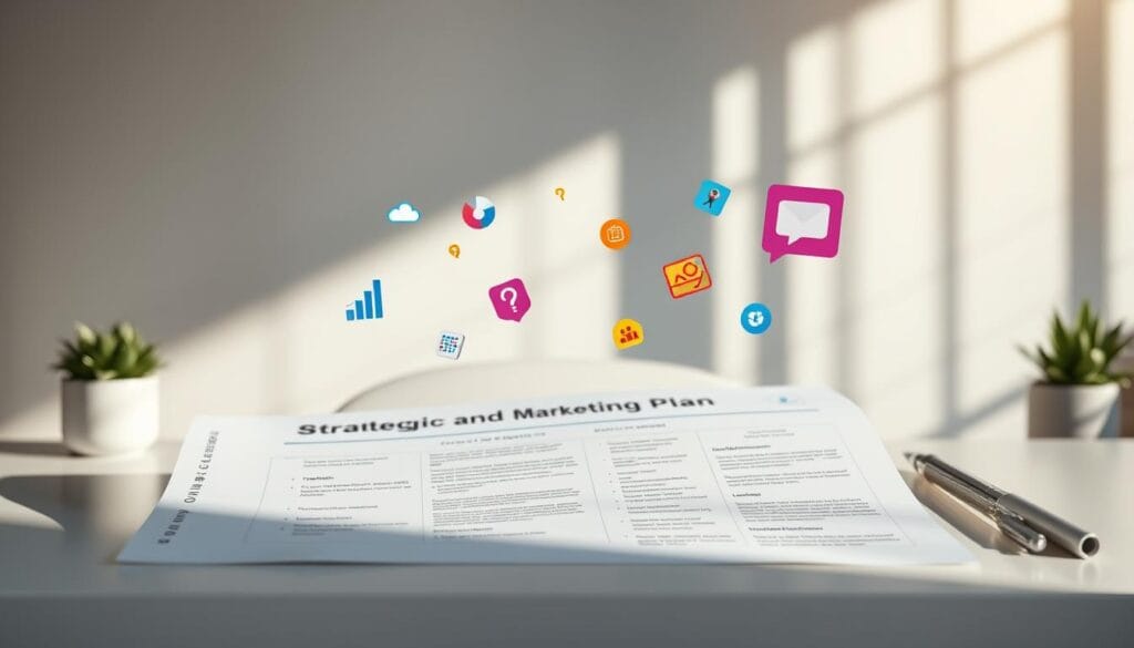 A strategic marketing plan unfolds against a softly blurred background, with key goals and objectives elegantly displayed on a clean, modern desk. Vibrant icons and infographic elements float in the foreground, conveying the core concepts of the strategy - growth, engagement, brand positioning. Muted lighting casts subtle shadows, emphasizing the thoughtful, considered nature of the planning process. The overall aesthetic is sleek, professional, and refined, capturing the essence of an effective marketing strategy.