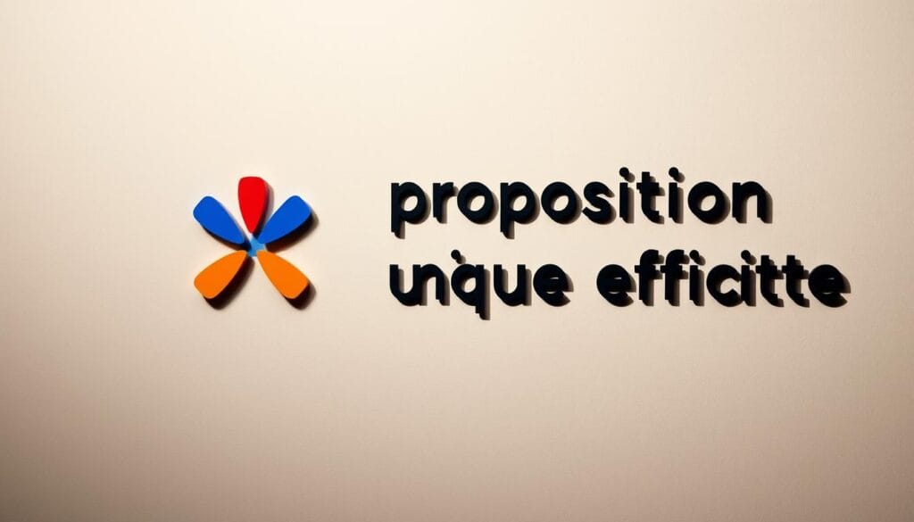 A striking visual representation of a unique and effective value proposition. In the foreground, a vibrant and distinct symbol or icon that encapsulates the core idea. In the middle ground, a minimalist yet impactful typographic treatment of the French phrase "proposition unique efficace", rendered in a bold, modern font. The background features a subtly textured, neutral palette that allows the central elements to shine. Crisp, directional lighting casts dramatic shadows, emphasizing the dimensional quality and giving the overall image a sense of depth and presence. The mood is one of confidence, clarity, and strategic focus - a visual manifestation of a compelling and differentiated value offering.