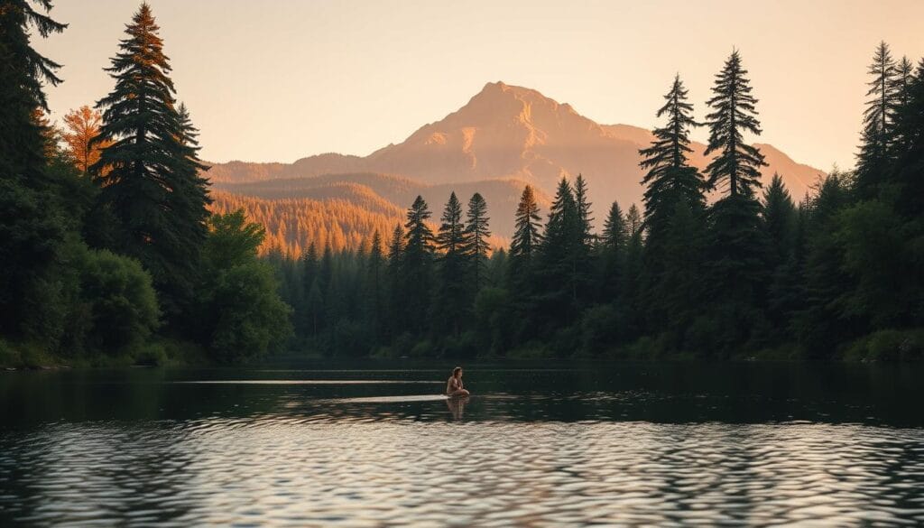 A tranquil, immersive scene of a captivating brand narrative. In the foreground, a serene lake reflects the soft, natural lighting, creating a calming ambiance. Surrounding the water, lush, verdant foliage and towering trees form a verdant, almost enchanted middle ground. In the distance, a majestic mountain range rises, its peaks bathed in a warm, golden glow, evoking a sense of timeless wonder. The composition draws the viewer in, inviting them to imagine themselves within this captivating, story-driven environment, fully immersed in the brand's captivating essence.