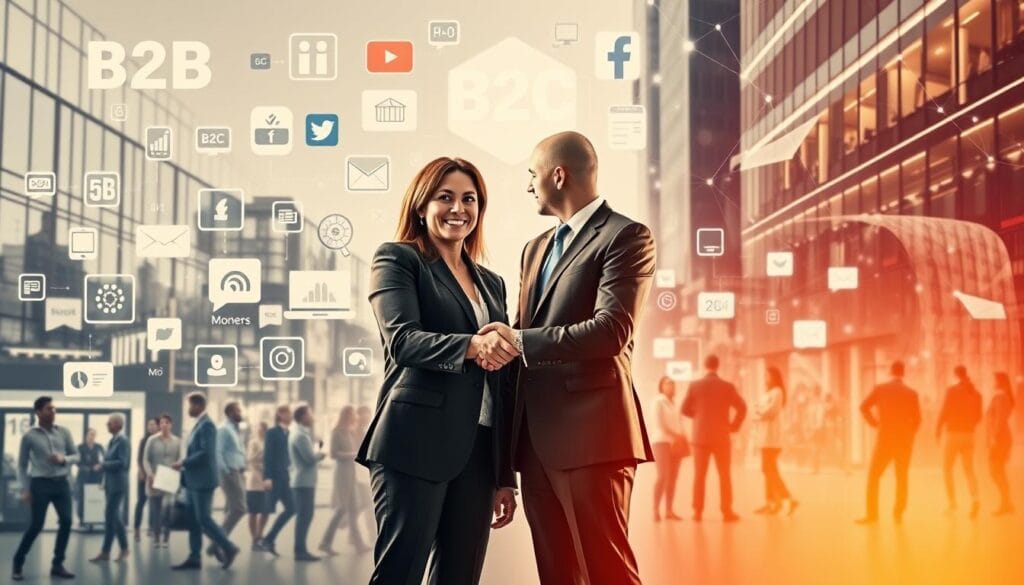 A vibrant and dynamic composition showcasing the intersection of B2B and B2C communication. In the foreground, two professionals, one representing a B2B company and the other a B2C brand, shake hands against a backdrop of digital devices, social media icons, and data visualizations. The middle ground features a diverse array of customers, both individuals and businesses, engaged in various modes of interaction. The background blends sleek office environments, bustling city streets, and abstract geometric patterns, symbolizing the interconnected nature of modern marketing. Warm, directional lighting casts a sense of collaboration and synergy, while a shallow depth of field emphasizes the central focus on effective communication tailored to distinct customer needs.