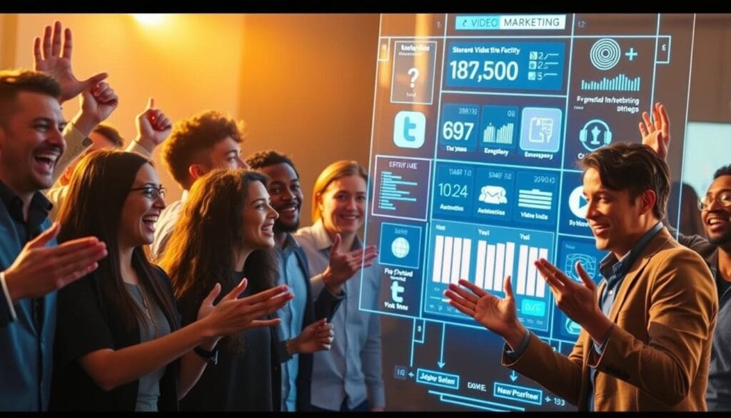 A vibrant and dynamic scene of video marketing strategies, captured in a stylish and engaging manner. In the foreground, a group of diverse individuals gesticulating animatedly, their expressions conveying excitement and energy. The middle ground features a large, holographic screen displaying various social media platforms and engagement metrics, suggesting the data-driven nature of modern video marketing. The background is bathed in a warm, golden glow, creating a sense of professionalism and success. The overall composition is striking, with a cinematic, high-production-value aesthetic that immediately captures the viewer's attention and reflects the cutting-edge nature of the subject matter.
