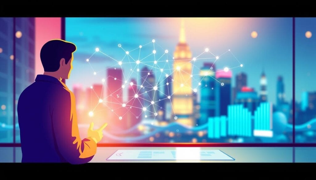 A vibrant and visually engaging illustration of the personalization of the customer journey. In the foreground, a stylized human figure interacts with a sleek, modern interface, their movements fluid and intuitive. The middle ground depicts a dynamic data visualization, with interconnected nodes and lines representing the touchpoints and feedback loops of the customer experience. In the background, a softly blurred cityscape sets the scene, hinting at the broader context and scale of the customer's journey. The lighting is warm and inviting, creating a sense of depth and dimension. The overall composition conveys a seamless, user-centric approach to marketing optimization, reflecting the theme of the article's section.