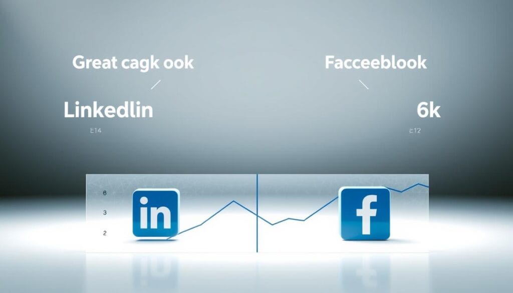 A vibrant, data-driven visual illustration of the cost-per-click and return on investment comparison between LinkedIn and Facebook advertising campaigns. In the foreground, a central graph or chart showcases the key metrics and insights, rendered in a clean, minimalist style with a focus on clear data visualization. The middle ground features a pair of stylized social media platform icons, one for LinkedIn and one for Facebook, arranged in a balanced, visually engaging composition. The background subtly suggests the broader digital marketing landscape, with subtle textures, gradients, or geometric patterns that enhance the overall aesthetic without distracting from the core information. The lighting is soft and diffused, creating a professional, authoritative tone. The color palette is restrained yet impactful, drawing the viewer's attention to the salient data points.