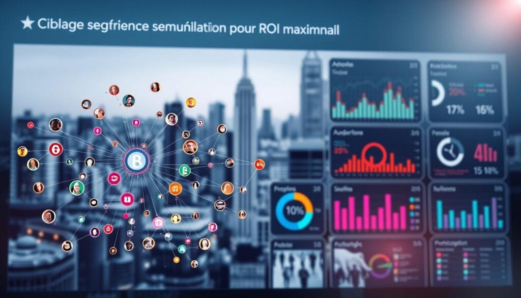 A vibrant data visualization dashboard featuring segmented audience profiles, each with distinct demographic and behavioral characteristics. The foreground showcases an intricate network diagram, nodes representing target audience segments, connected by colorful lines denoting relationships and affinities. In the middle ground, detailed infographic panels display audience metrics and insights, presented in a sleek, modern style. The background depicts a minimalist cityscape, conveying a sense of urban sophistication. Soft, directional lighting accentuates the dashboard's depth and dimensionality, creating a captivating, data-driven visual experience. The overall composition evokes a powerful, strategic approach to audience targeting and segmentation, well-suited to illustrate the "Ciblage et segmentation pour un ROI maximal" section of the article.