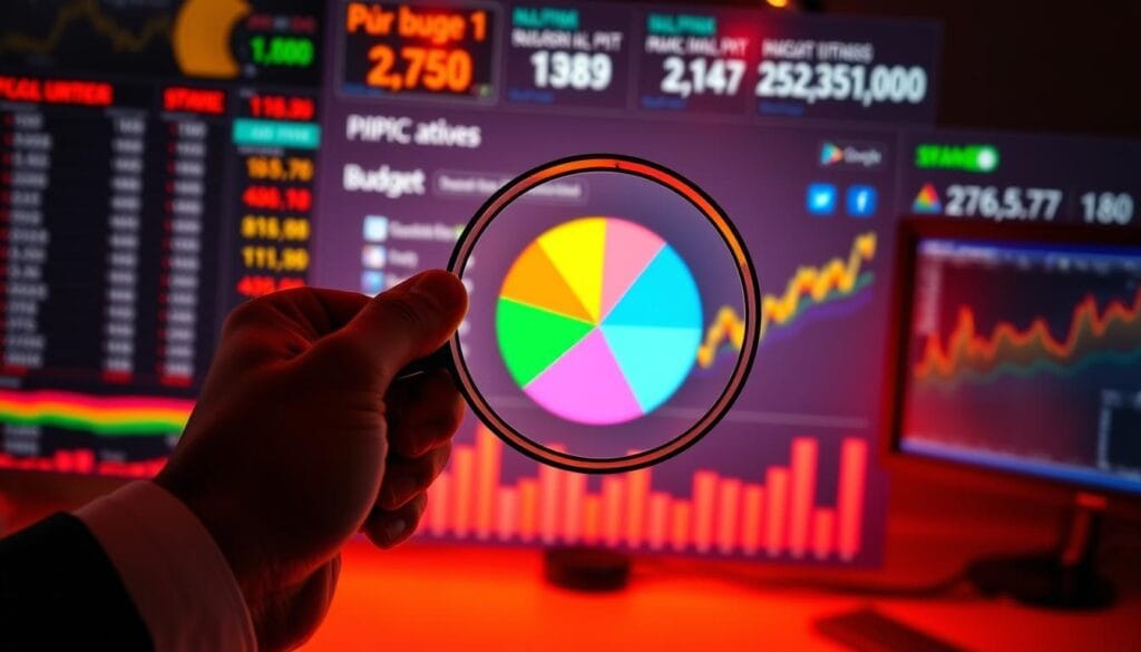 A vibrant financial dashboard with a central pie chart displaying budget allocation for a PPC campaign. In the foreground, a hand holding a magnifying glass hovers over the chart, highlighting key metrics. The background features a stock market ticker, currency exchange rates, and a computer screen displaying relevant analytics. The scene is lit by warm, directional lighting, creating a sense of focus and professionalism. The overall atmosphere conveys a well-organized and data-driven approach to budget management and bidding strategies for effective lead generation.