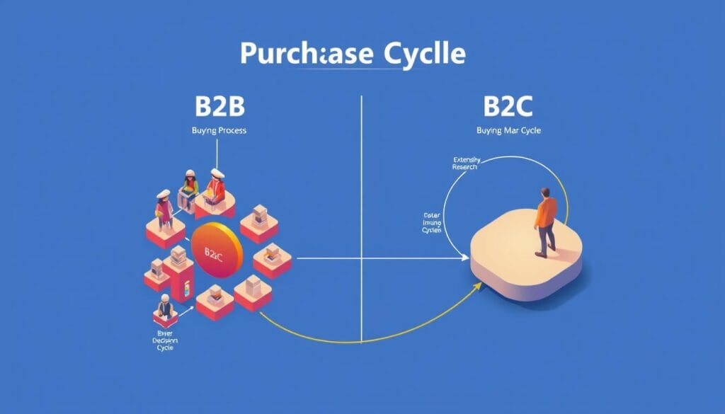 A vibrant, isometric illustration depicting the contrasting purchase cycles of B2B and B2C markets. In the foreground, a dynamic flow diagram illustrates the B2B buying process, with multiple stakeholders, extensive research, and a prolonged decision-making timeline. In the background, a simpler, more streamlined B2C buying cycle unfolds, with a single buyer navigating a quicker, more impulsive journey to purchase. The scene is bathed in a warm, golden light, symbolizing the strategic importance of understanding these distinct buyer behaviors. Crisp, clean lines and a minimalist color palette convey the technical, analytical nature of the subject matter.