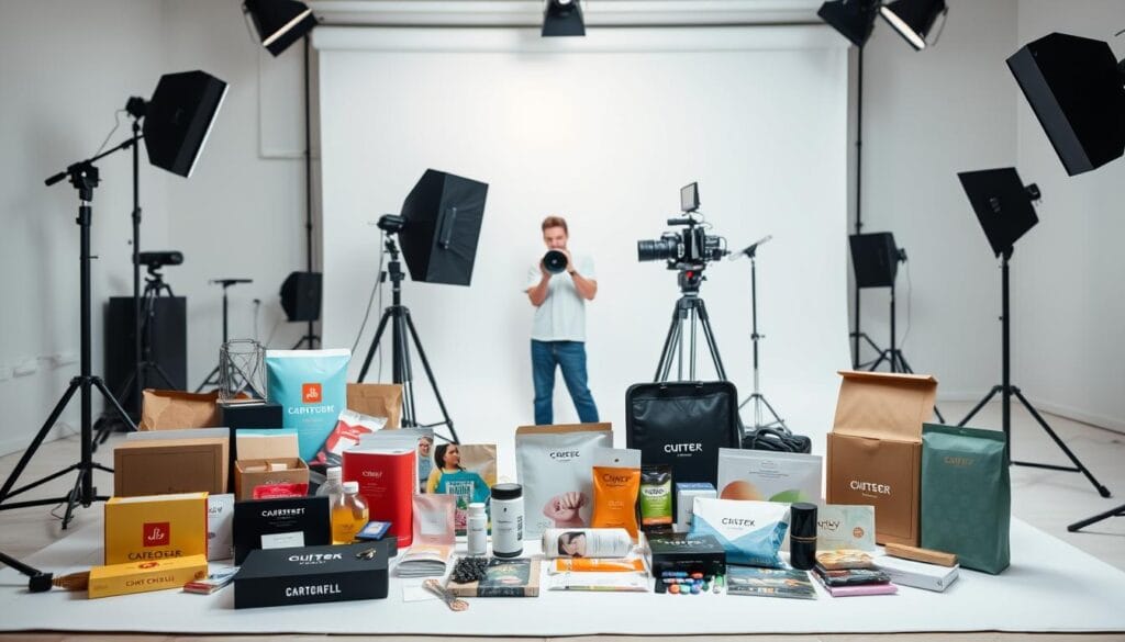 A well-lit studio setting featuring an array of authentic, branded content pieces. In the foreground, an assortment of products, packaging, and promotional materials arranged in a visually appealing manner. The middle ground showcases a content creator or influencer in the act of filming or capturing behind-the-scenes footage, their face obscured to maintain the focus on the authentic branded assets. The background has a clean, minimalist aesthetic, with soft, even lighting and a neutral color palette to allow the branded elements to take center stage. The overall composition conveys a sense of professionalism, attention to detail, and a commitment to creating genuine, engaging content for the brand.