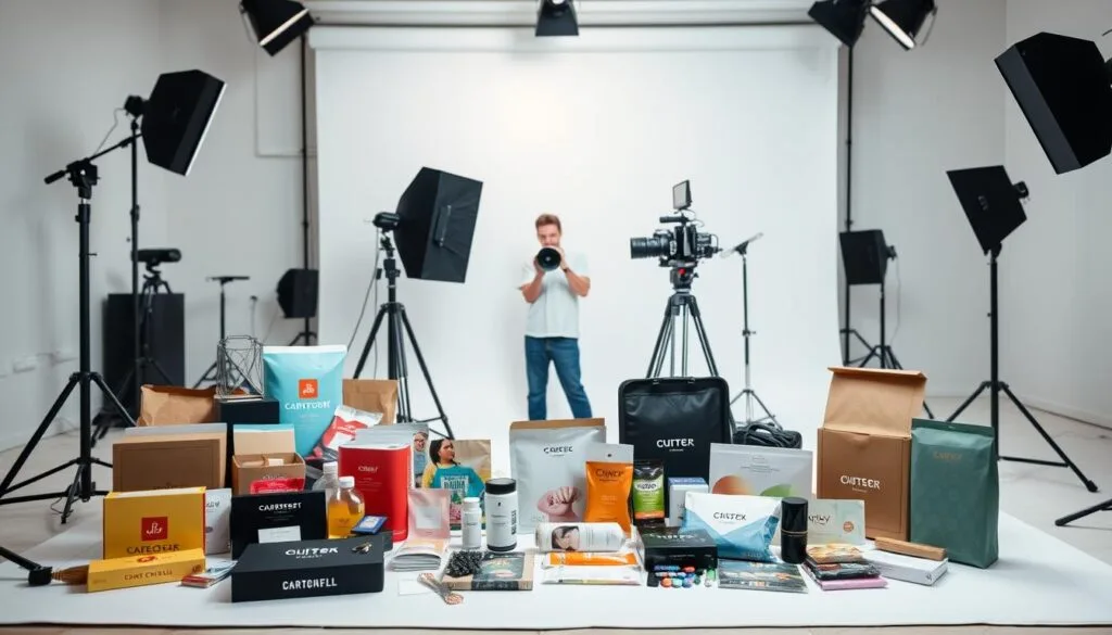 A well-lit studio setting featuring an array of authentic, branded content pieces. In the foreground, an assortment of products, packaging, and promotional materials arranged in a visually appealing manner. The middle ground showcases a content creator or influencer in the act of filming or capturing behind-the-scenes footage, their face obscured to maintain the focus on the authentic branded assets. The background has a clean, minimalist aesthetic, with soft, even lighting and a neutral color palette to allow the branded elements to take center stage. The overall composition conveys a sense of professionalism, attention to detail, and a commitment to creating genuine, engaging content for the brand.