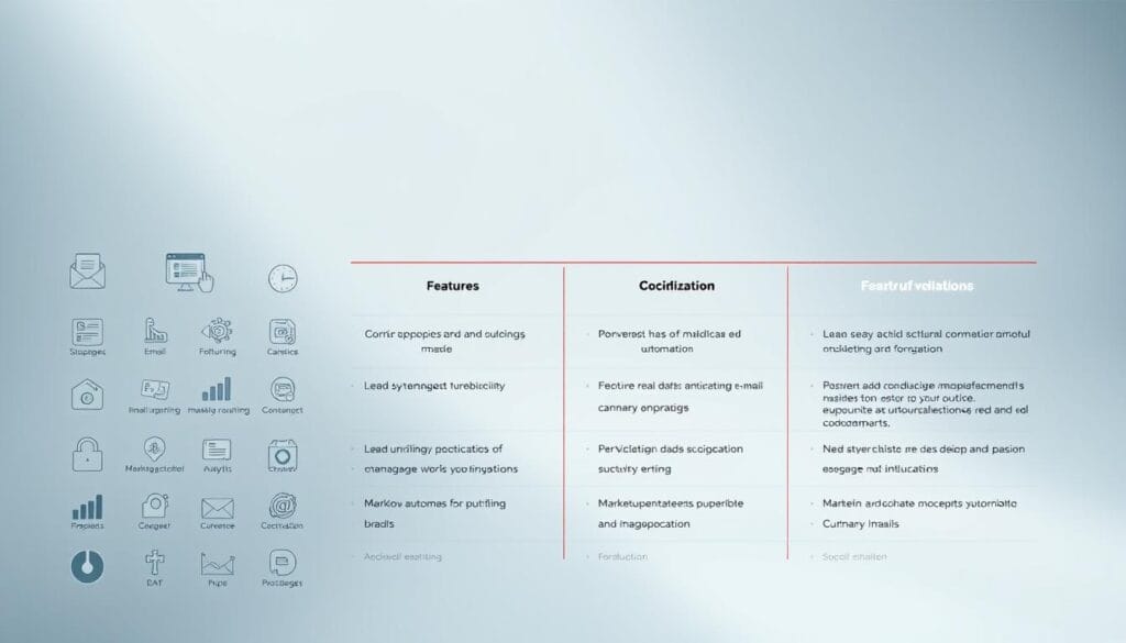 Comparatif fonctionnalités automation A crisp, clean grid layout showcasing the key features and capabilities of various marketing automation tools. The foreground features sleek, minimal icons and infographic-style visualizations, highlighting core functionalities like email campaigns, lead nurturing, analytics, and workflow automation. The middle ground presents concise, side-by-side comparisons, using bold typography and subtle color palettes to emphasize the differences between the tools. The background is a softly blurred, gradient-filled space, lending a modern, professional atmosphere. Lighting is natural and even, with a slightly cool tone, creating a sense of clarity and objectivity. The overall composition conveys a comprehensive, easy-to-digest comparison of marketing automation solutions.