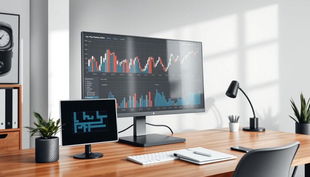 Detailed bar charts and line graphs displaying market data and key performance indicators. A clean, minimalist workspace with a large monitor, desk, and modern office accessories. Neutral tones of gray, white, and wood create a professional, analytical atmosphere. The lighting is soft and even, with some directional shadows to add depth. The camera angle is slightly elevated, giving an overview of the data visualization tools. The composition is balanced, drawing the viewer's eye towards the analytical insights on the screen.