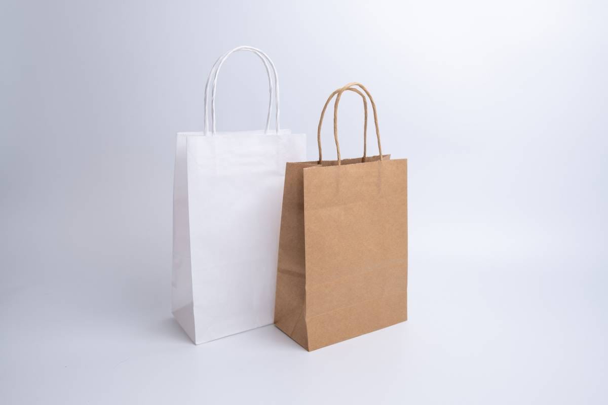 Deux sacs en papier avec poignées : un blanc et un marron clair, disposés côte à côte sur fond gris neutre.