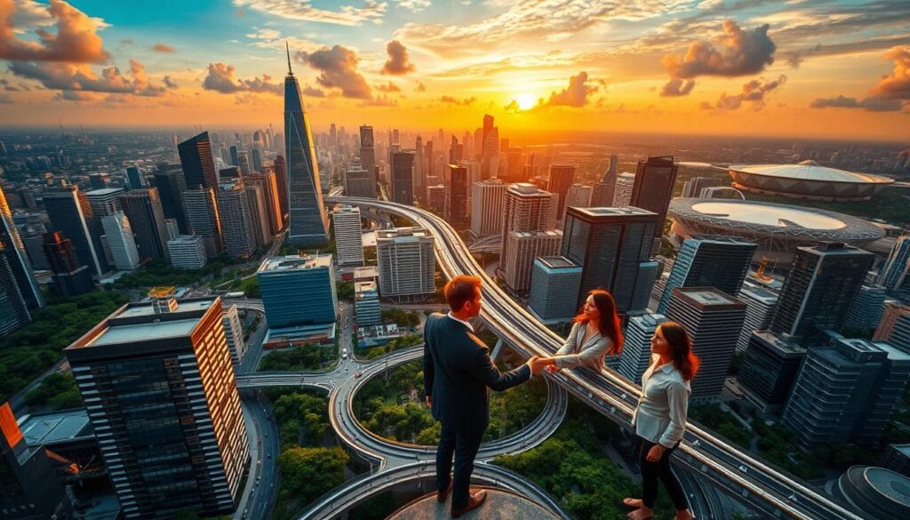A breathtaking aerial view of a bustling cityscape, where towering skyscrapers and sleek modern architecture intertwine with lush greenery. In the foreground, a group of diverse businesspeople shake hands, their faces lit by warm, golden sunlight that filters through the clouds. The middle ground showcases a network of interconnected pathways and bridges, symbolizing the strategic partnerships that link the various elements of this thriving urban landscape. In the background, a vibrant sunset paints the sky in a kaleidoscope of colors, reflecting the synergy and dynamism of the collaborative endeavors. The scene conveys a sense of progress, innovation, and the mutual benefits that arise from strategic alliances. A breathtaking aerial view of a bustling cityscape, where towering skyscrapers and sleek modern architecture intertwine with lush greenery. In the foreground, a group of diverse businesspeople shake hands, their faces lit by warm, golden sunlight that filters through the clouds. The middle ground showcases a network of interconnected pathways and bridges, symbolizing the strategic partnerships that link the various elements of this thriving urban landscape. In the background, a vibrant sunset paints the sky in a kaleidoscope of colors, reflecting the synergy and dynamism of the collaborative endeavors. The scene conveys a sense of progress, innovation, and the mutual benefits that arise from strategic alliances.
