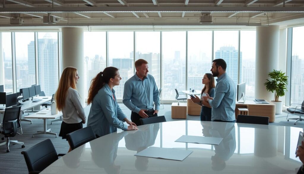 A bright, airy collaborative workspace with sleek, modern furniture and ample natural light. In the foreground, a group of co-workers engaged in lively discussion around a large, polished conference table, their faces animated as they share ideas. The middle ground features a mix of individual workstations and informal seating areas, encouraging both focused work and casual interactions. The background showcases floor-to-ceiling windows overlooking a bustling cityscape, creating a sense of connection to the outside world. The lighting is soft and diffused, accentuating the clean, minimalist aesthetic and fostering a calm, productive atmosphere. A bright, airy collaborative workspace with sleek, modern furniture and ample natural light. In the foreground, a group of co-workers engaged in lively discussion around a large, polished conference table, their faces animated as they share ideas. The middle ground features a mix of individual workstations and informal seating areas, encouraging both focused work and casual interactions. The background showcases floor-to-ceiling windows overlooking a bustling cityscape, creating a sense of connection to the outside world. The lighting is soft and diffused, accentuating the clean, minimalist aesthetic and fostering a calm, productive atmosphere.