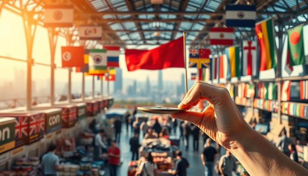 A bustling international marketplace, filled with diverse goods and people from around the world. In the foreground, a hand carefully weighing the risks and opportunities of global expansion, with a thoughtful expression. The middle ground showcases a range of international flags and currencies, symbolizing the potential for growth and the challenges of navigating different markets. The background depicts a panoramic view of a cosmopolitan city skyline, bathed in warm, golden light, hinting at the promise of successful internationalization. The overall mood is one of cautious optimism, reflecting the careful balance required to identify and mitigate the risks while capitalizing on the opportunities of going global.