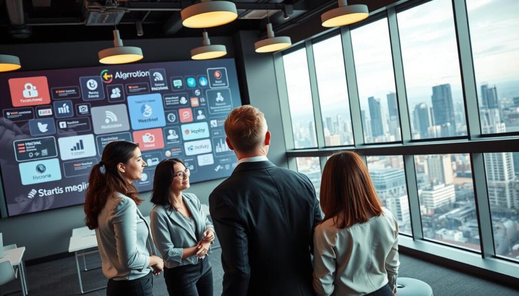 A bustling, modern office interior with a large wall display showcasing various digital channels and touchpoints. In the foreground, a group of professionals in business attire are engaged in a collaborative discussion, their faces reflecting a sense of strategic focus and determination. The middle ground features sleek, minimalist furniture and workstations, hinting at an efficient, streamlined workflow. In the background, a panoramic window offers a view of a vibrant, cosmopolitan cityscape, symbolizing the wide-ranging reach and potential of an omnichannel business strategy. Warm, diffused lighting from overhead fixtures creates a sense of professionalism and optimism, complementing the overall theme of leveraging an omnichannel approach to maximize commercial benefits and visibility.