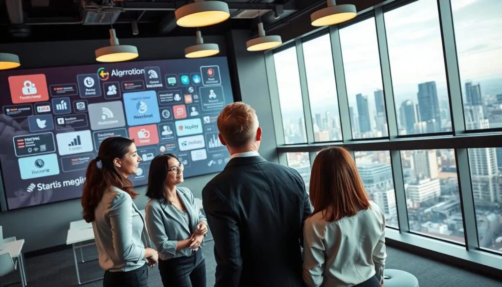 A bustling, modern office interior with a large wall display showcasing various digital channels and touchpoints. In the foreground, a group of professionals in business attire are engaged in a collaborative discussion, their faces reflecting a sense of strategic focus and determination. The middle ground features sleek, minimalist furniture and workstations, hinting at an efficient, streamlined workflow. In the background, a panoramic window offers a view of a vibrant, cosmopolitan cityscape, symbolizing the wide-ranging reach and potential of an omnichannel business strategy. Warm, diffused lighting from overhead fixtures creates a sense of professionalism and optimism, complementing the overall theme of leveraging an omnichannel approach to maximize commercial benefits and visibility.
