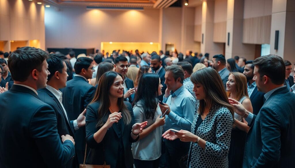 A bustling professional networking event, captured in a cinematic wide-angle shot. In the foreground, a group of well-dressed individuals engaged in lively conversations, their faces lit by warm, inviting lighting that accentuates the energy and excitement of the occasion. The middle ground features a mix of formal and casual attire, as executives, entrepreneurs, and industry leaders mingle and exchange business cards, fostering valuable connections. In the background, the scene is framed by a modern, minimalist event space, with clean lines and geometric architectural details that lend a sense of sophistication and opportunity. The overall atmosphere conveys the benefits of professional networking - the building of relationships, the exchange of ideas, and the potential for growth and success.