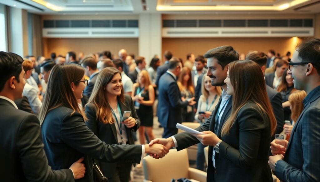 A bustling professional networking event in a modern conference hall, filled with well-dressed individuals engaged in lively conversations. In the foreground, a group of people exchange business cards and handshake, their expressions animated as they discuss potential opportunities. The middle ground features a mix of solo attendees and small clusters, some taking notes or consulting their phones, all surrounded by sleek furnishings and minimalist decor. The background is bathed in warm, flattering lighting, casting a professional, yet inviting atmosphere across the scene. The overall composition conveys the value of expanding one's professional circle through strategic in-person interaction and relationship-building.