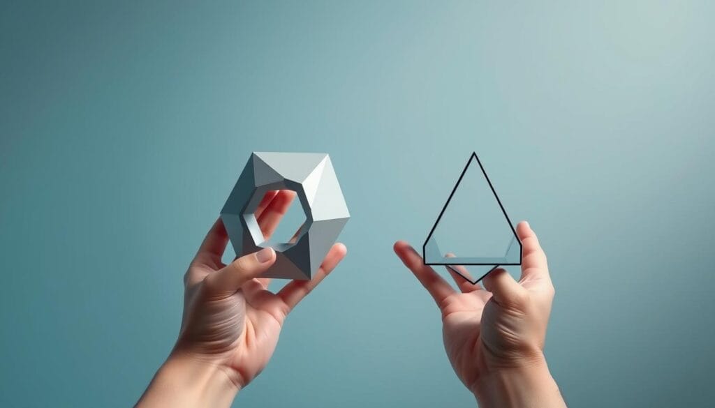 A close-up view of a pair of hands holding abstract geometric shapes representing the competitive advantages of cost and differentiation. The shapes are rendered in a minimalist, futuristic style with clean lines and muted, metallic tones. The background is a soft, gradient blend of blues and grays, creating a sense of depth and emphasizing the subject. Lighting is directional, casting subtle shadows and highlights to accentuate the 3D forms. The overall composition is balanced and visually striking, capturing the essence of the "Formes d'avantage concurrentiel coût et offre" concept.