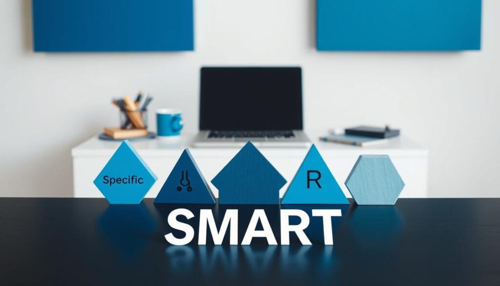 A crisply-lit, high-contrast scene depicting the key elements of the "SMART" goal-setting framework. In the foreground, a series of geometric shapes in shades of blue and gray, each labeled with one of the SMART criteria: Specific, Measurable, Achievable, Relevant, and Time-bound. The middle ground features a clean, minimalist desk setup with a laptop, coffee mug, and other office accessories, hinting at a professional, business-oriented context. The background is a softly-blurred, neutral backdrop, allowing the SMART elements to take center stage. The overall mood is one of clarity, purpose, and strategic focus, reflecting the importance of defining clear and targeted objectives.