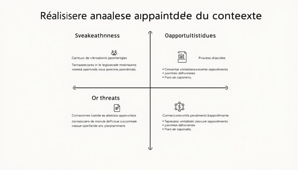 A detailed SWOT analysis diagram presented in a clean, professional manner. The image features a simple grid layout with four quadrants labeled Strengths, Weaknesses, Opportunities, and Threats. Each quadrant contains relevant bullet points and icons, conveying essential strategic information at a glance. The overall aesthetic is minimalist and data-driven, using muted colors, crisp typography, and a balanced composition to create a visually appealing and informative visual aid. Soft, diffused lighting and a subtle depth of field create a sense of depth and focus, drawing the viewer's attention to the key analytical elements. This image would serve as a clear and concise illustration for the "Réaliser une analyse approfondie du contexte" section of the article.