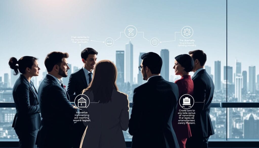 A dynamic and visually compelling illustration of the key steps to create a strategic partnership. In the foreground, a group of diverse business professionals engage in a collaborative meeting, their expressions focused and their body language conveying a sense of shared purpose. In the middle ground, a series of interconnected icons and infographic elements depict the iterative process of partnership development, from initial discussions to goal-setting and implementation. The background features a sleek, minimalist cityscape, hinting at the broader business context and the potential for growth and expansion. The lighting is crisp and directional, creating depth and emphasizing the collaborative nature of the scene. The overall composition and color palette evoke a sense of professionalism, innovation, and strategic vision. A dynamic and visually compelling illustration of the key steps to create a strategic partnership. In the foreground, a group of diverse business professionals engage in a collaborative meeting, their expressions focused and their body language conveying a sense of shared purpose. In the middle ground, a series of interconnected icons and infographic elements depict the iterative process of partnership development, from initial discussions to goal-setting and implementation. The background features a sleek, minimalist cityscape, hinting at the broader business context and the potential for growth and expansion. The lighting is crisp and directional, creating depth and emphasizing the collaborative nature of the scene. The overall composition and color palette evoke a sense of professionalism, innovation, and strategic vision.