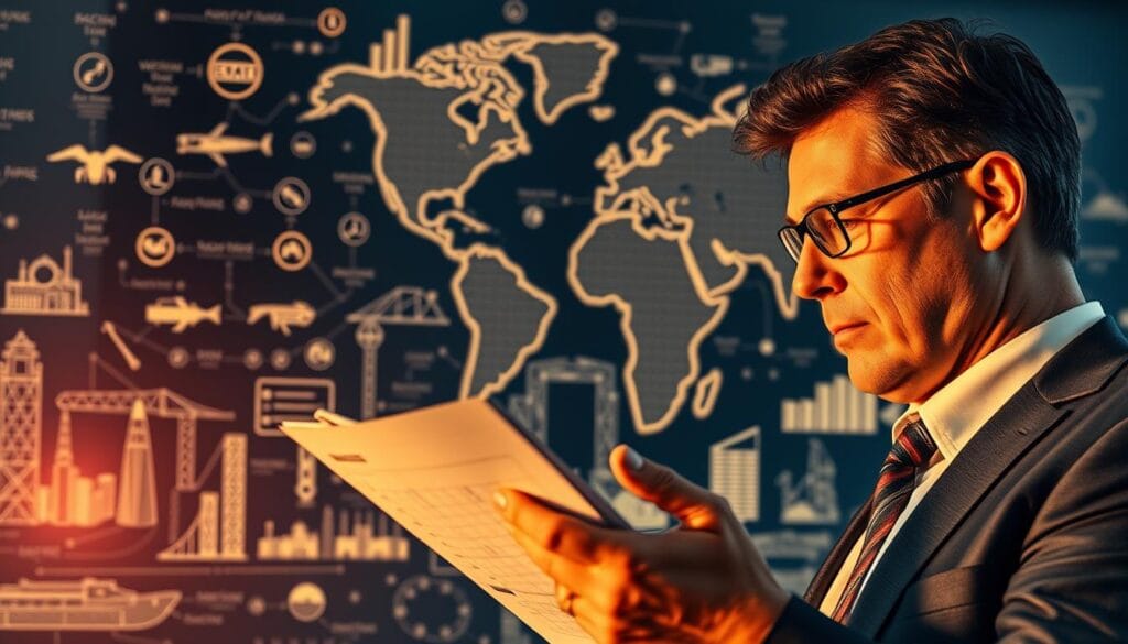 A dynamic business landscape with diverse strategic advantages in the foreground. An executive examining a holistic market analysis, their expression thoughtful and determined. In the background, a tapestry of industry icons, technological innovations, and global trade routes, symbolizing the interconnected nature of competitive strategy. Warm lighting casts an aura of authority, while a subtle depth of field emphasizes the focal points. Rendered with cinematic flair, this image evokes the strategic thinking and informed decision-making at the heart of developing a sustainable competitive edge.