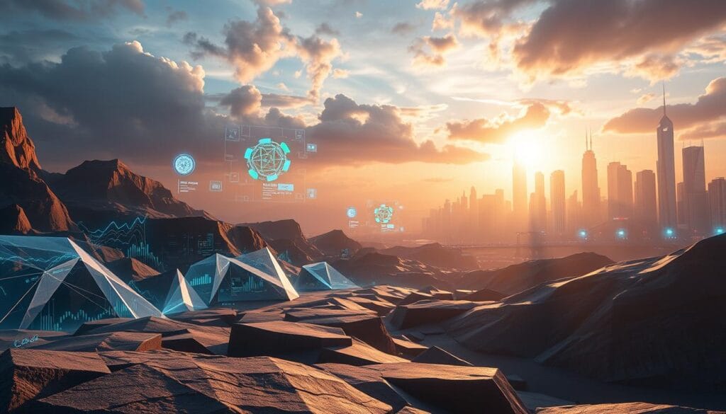 A dynamic, surreal landscape showcasing the evolution of emerging economic models. In the foreground, a series of geometric shapes and abstract forms represent the adaptive, fluid nature of these new paradigms. The middle ground features holographic data visualizations, conveying the information-driven foundations of these models. In the background, a futuristic cityscape with towering skyscrapers and glowing energy fields symbolizes the technological advancements enabling these transformative economic shifts. Dramatic lighting casts long shadows, imbuing the scene with a sense of momentum and change. Capture this with a wide-angle lens, emphasizing the scale and scope of the evolving economic landscape. A dynamic, surreal landscape showcasing the evolution of emerging economic models. In the foreground, a series of geometric shapes and abstract forms represent the adaptive, fluid nature of these new paradigms. The middle ground features holographic data visualizations, conveying the information-driven foundations of these models. In the background, a futuristic cityscape with towering skyscrapers and glowing energy fields symbolizes the technological advancements enabling these transformative economic shifts. Dramatic lighting casts long shadows, imbuing the scene with a sense of momentum and change. Capture this with a wide-angle lens, emphasizing the scale and scope of the evolving economic landscape.