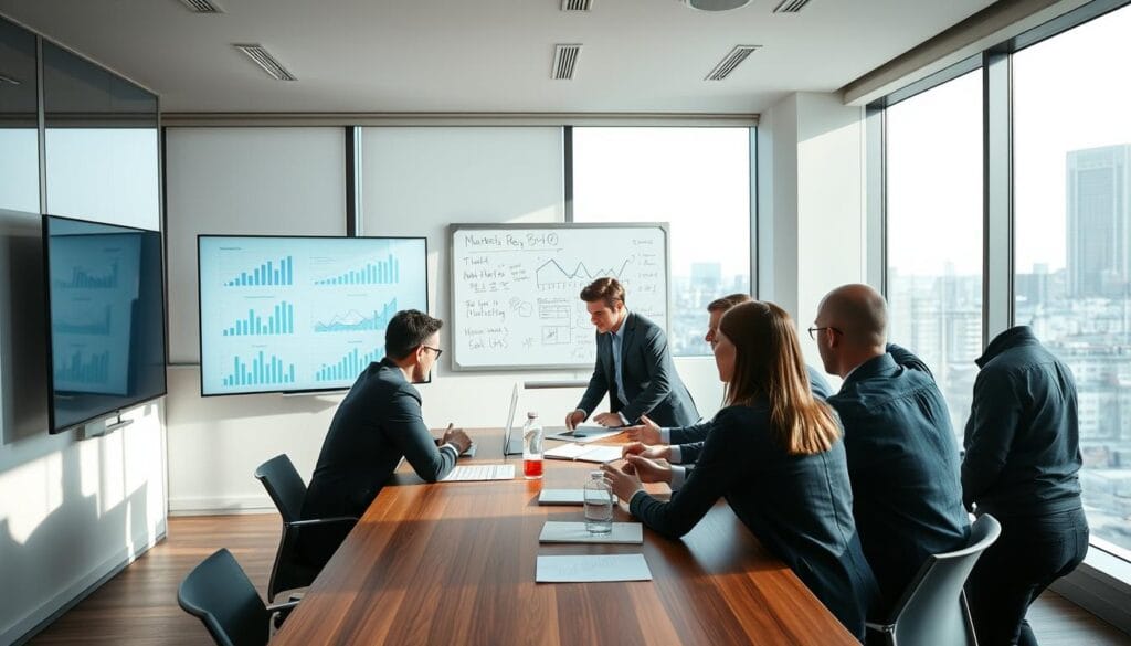 A focused market research study session in a modern, bright office setting. In the foreground, a team of professionals gathered around a sleek wooden table, intently discussing charts, graphs, and market data displayed on a large, high-resolution screen. Soft, natural lighting filters in through floor-to-ceiling windows, creating a sense of openness and clarity. The middle ground features a wall-mounted whiteboard covered in handwritten notes and analysis, while the background showcases the cityscape outside, hinting at the broader market context. An atmosphere of concentrated effort, collaboration, and strategic decision-making pervades the scene. A focused market research study session in a modern, bright office setting. In the foreground, a team of professionals gathered around a sleek wooden table, intently discussing charts, graphs, and market data displayed on a large, high-resolution screen. Soft, natural lighting filters in through floor-to-ceiling windows, creating a sense of openness and clarity. The middle ground features a wall-mounted whiteboard covered in handwritten notes and analysis, while the background showcases the cityscape outside, hinting at the broader market context. An atmosphere of concentrated effort, collaboration, and strategic decision-making pervades the scene.