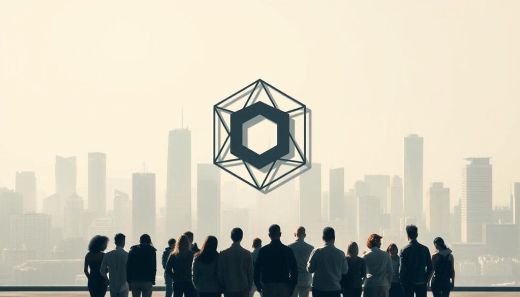 A global brand strategy manifested in a locally-grounded visual identity. A minimalist cityscape in soft, muted tones provides the backdrop, with a central geometric symbol representing the brand's core essence. The symbol is composed of clean lines and shapes, evoking a sense of sophistication and universality. In the foreground, a series of diverse human figures interact with the symbol, representing the brand's ability to resonate across cultures and markets. Dramatic lighting from multiple angles casts dramatic shadows, heightening the sense of depth and dimension. The overall mood is one of harmonious integration between the global and the local, reflecting the core theme of "Construire une stratégie de marque globale et locale".