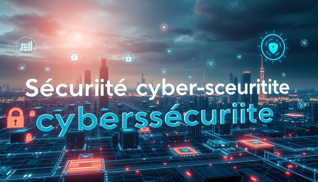 A high-tech cybersecurity landscape, with a central focus on the words "Sécurité cybersécurité" rendered in a sleek, futuristic font. In the foreground, digital security symbols and icons float and interact, conveying the importance of safeguarding data and systems. In the middle ground, a network of interconnected servers and data centers pulsate with activity, while in the distant background, a cityscape of skyscrapers and futuristic architecture sets the scene. The lighting is a mix of cool, neon tones and warm, glowing highlights, creating a sense of balance and sophistication. The overall mood is one of technological prowess and the critical need for robust cybersecurity measures in the digital age. A high-tech cybersecurity landscape, with a central focus on the words "Sécurité cybersécurité" rendered in a sleek, futuristic font. In the foreground, digital security symbols and icons float and interact, conveying the importance of safeguarding data and systems. In the middle ground, a network of interconnected servers and data centers pulsate with activity, while in the distant background, a cityscape of skyscrapers and futuristic architecture sets the scene. The lighting is a mix of cool, neon tones and warm, glowing highlights, creating a sense of balance and sophistication. The overall mood is one of technological prowess and the critical need for robust cybersecurity measures in the digital age.