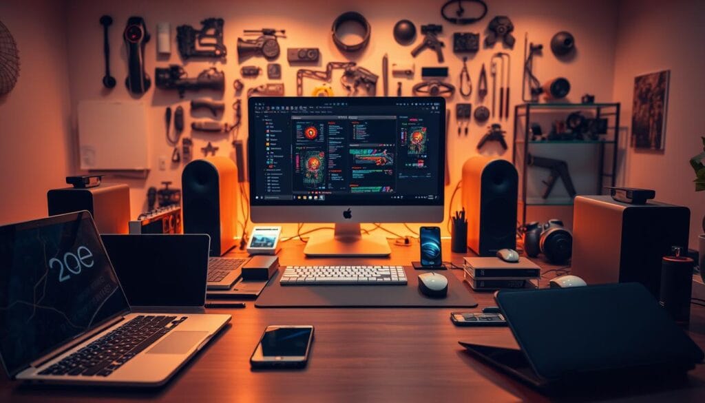 A meticulously crafted digital workspace, illuminated by warm, diffused lighting that casts a soft glow across the array of cutting-edge technologies. In the foreground, an assortment of sleek, state-of-the-art devices - laptops, tablets, and smartphones - arranged in a visually appealing composition. The middle ground features a sophisticated computer setup, complete with a high-resolution monitor, a stylish keyboard, and a wireless mouse. In the background, a collection of futuristic-looking gadgets and digital accessories, suggesting the endless possibilities of the digital age. The overall atmosphere is one of innovation, efficiency, and the seamless integration of technology into the modern workspace.