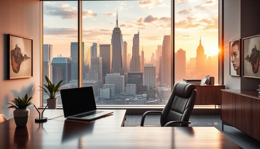 A modern, minimalist office interior with sleek, metallic furnishings and an expansive window overlooking a dynamic city skyline. The foreground features a polished wooden desk with a laptop, stylish pen cup, and a potted plant. In the middle ground, a leather-upholstered chair and a credenza with abstract artworks on the wall behind it. The background showcases the impressive cityscape, with tall skyscrapers bathed in warm, golden light from the setting sun. The overall atmosphere is one of sophistication, productivity, and advantageous fiscal regimes. A modern, minimalist office interior with sleek, metallic furnishings and an expansive window overlooking a dynamic city skyline. The foreground features a polished wooden desk with a laptop, stylish pen cup, and a potted plant. In the middle ground, a leather-upholstered chair and a credenza with abstract artworks on the wall behind it. The background showcases the impressive cityscape, with tall skyscrapers bathed in warm, golden light from the setting sun. The overall atmosphere is one of sophistication, productivity, and advantageous fiscal regimes.