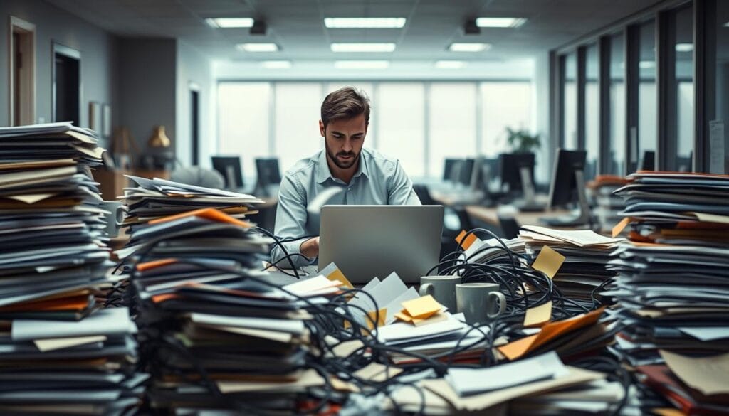 A modern, minimalist office setting with a chaotic, disorganized atmosphere. In the foreground, stacks of paperwork, overflowing inboxes, and tangled cables create a sense of clutter and confusion. In the middle ground, a harried-looking employee frantically types on a laptop, surrounded by post-it notes and half-empty coffee mugs. The background features a blurred, out-of-focus view of the office, with dimly lit corridors and half-closed blinds, conveying a sense of poor lighting and lack of organization. The overall mood is one of stress, overwhelm, and the negative consequences of a poorly managed enterprise growth. A modern, minimalist office setting with a chaotic, disorganized atmosphere. In the foreground, stacks of paperwork, overflowing inboxes, and tangled cables create a sense of clutter and confusion. In the middle ground, a harried-looking employee frantically types on a laptop, surrounded by post-it notes and half-empty coffee mugs. The background features a blurred, out-of-focus view of the office, with dimly lit corridors and half-closed blinds, conveying a sense of poor lighting and lack of organization. The overall mood is one of stress, overwhelm, and the negative consequences of a poorly managed enterprise growth.