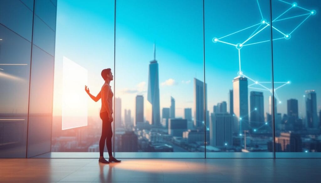 A modern, seamless blend of the physical and digital worlds, showcasing an integrated customer experience. In the foreground, a stylized human figure interacts with a sleek, holographic interface, their movements fluid and natural. The middle ground features a minimalist, high-tech storefront, its glass façade reflecting the digital landscape beyond. In the background, a cityscape of towering skyscrapers and gleaming, interconnected infrastructure symbolizes the future of urban design. Soft, warm lighting casts an inviting glow, while a sense of balance and harmony permeates the scene, capturing the essence of a hybrid, tech-driven customer experience. A modern, seamless blend of the physical and digital worlds, showcasing an integrated customer experience. In the foreground, a stylized human figure interacts with a sleek, holographic interface, their movements fluid and natural. The middle ground features a minimalist, high-tech storefront, its glass façade reflecting the digital landscape beyond. In the background, a cityscape of towering skyscrapers and gleaming, interconnected infrastructure symbolizes the future of urban design. Soft, warm lighting casts an inviting glow, while a sense of balance and harmony permeates the scene, capturing the essence of a hybrid, tech-driven customer experience.