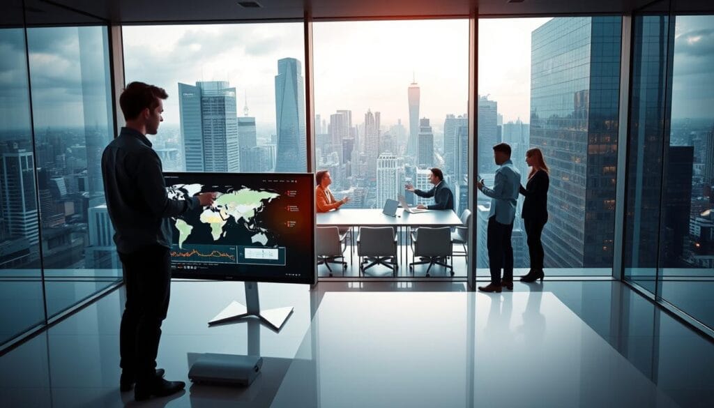 A modern, sleek office interior with an expansive glass wall overlooking a bustling cityscape. In the foreground, a young professional stands at a minimalist desk, studying international market data displayed on a large monitor. Warm, directional lighting casts a focused glow, highlighting the person's expression of determination. In the middle ground, a team of colleagues collaborate around a conference table, gesturing animatedly as they discuss strategies for global expansion. The background features towering skyscrapers and a vibrant urban landscape, conveying a sense of the international stage. The scene evokes a mood of calculated ambition, technological savvy, and a readiness to tackle the challenges of entering new global markets.