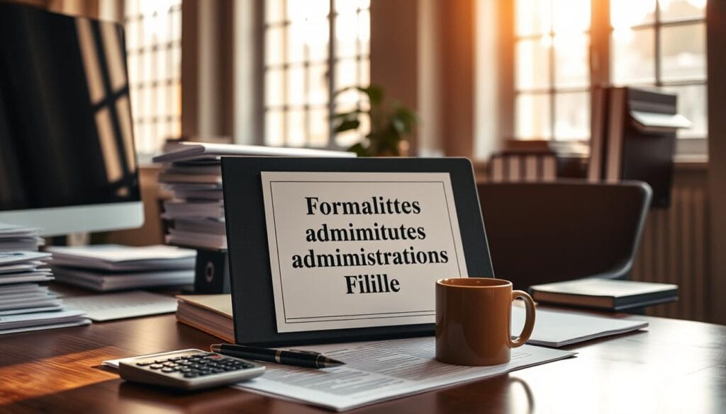 A neatly organized office setting, with a desk, computer, and stacks of legal documents. Warm, natural lighting filters in through large windows, casting a soft glow on the scene. A folder labeled "Formalités Administratives Filiale" sits prominently on the desk, surrounded by a pen, a calculator, and a coffee mug. The background is blurred, suggesting a focus on the administrative tasks at hand. The mood is one of professionalism and efficiency, conveying the importance of handling the necessary paperwork for establishing a new corporate division. A neatly organized office setting, with a desk, computer, and stacks of legal documents. Warm, natural lighting filters in through large windows, casting a soft glow on the scene. A folder labeled "Formalités Administratives Filiale" sits prominently on the desk, surrounded by a pen, a calculator, and a coffee mug. The background is blurred, suggesting a focus on the administrative tasks at hand. The mood is one of professionalism and efficiency, conveying the importance of handling the necessary paperwork for establishing a new corporate division.