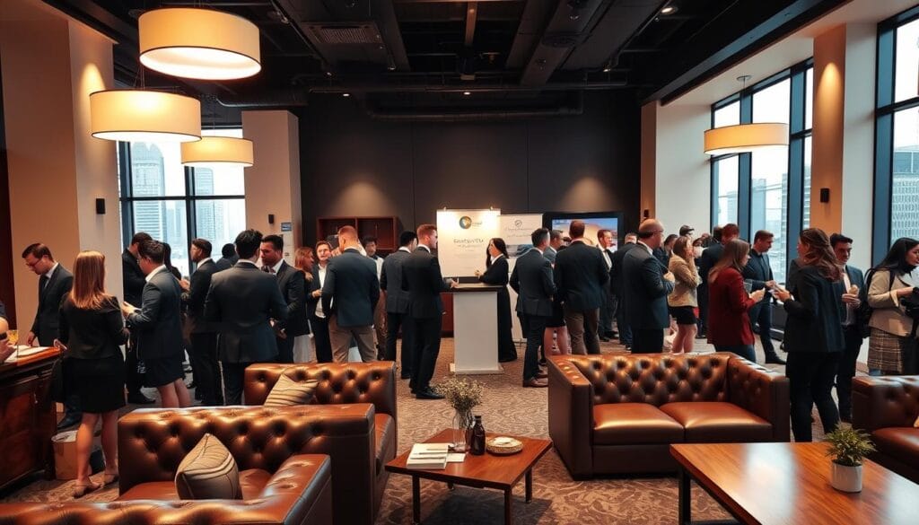 A professional and inviting business networking event, with attendees mingling and exchanging ideas in a well-lit, modern salon setting. Warm lighting from overhead fixtures casts a soft glow, accentuating the sleek, minimalist decor. Elegant furniture, such as leather sofas and wooden tables, are arranged to encourage intimate conversations. In the foreground, a group of smartly-dressed individuals engage in animated discussions, their body language conveying an atmosphere of collaboration and opportunity. The middle ground showcases the event's branding, with subtle signage and displays highlighting the occasion. In the background, the large windows provide a glimpse of the bustling city outside, reinforcing the connection between this networking event and the broader business community.